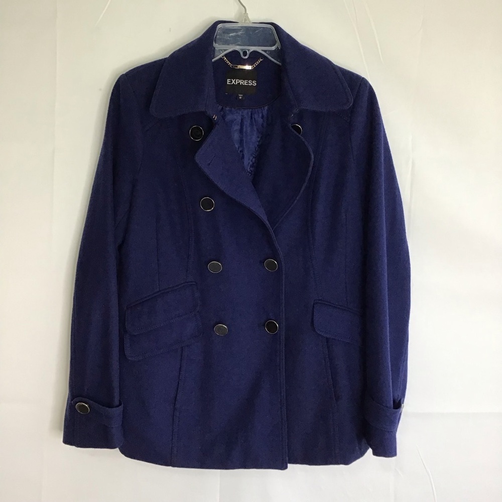 EXPRESS WOMEN ROYAL BLUE/PURPLE DOUBLE BREAST MID LENGTH PEA COAT SIZE M